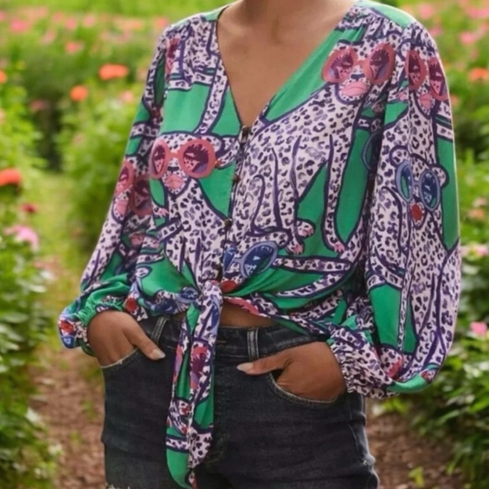 Anthropologie Kendra Dandy Blouse Womens 4 Green Cat‎ Leopard Tie Front